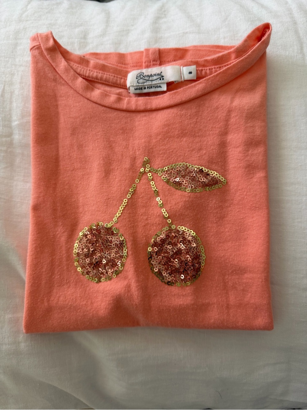 Bonpoint Coral Tee with Gold Sequin Cherry Motif